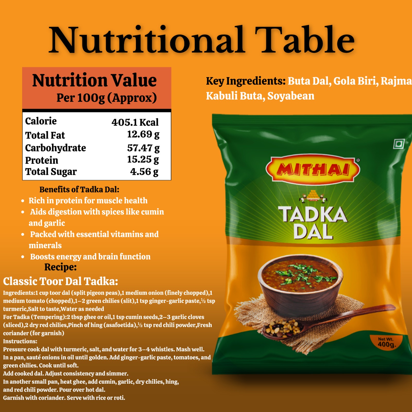 Mithai Ready to Cook Tadka Dal- 800gm (Pack of 2*400)